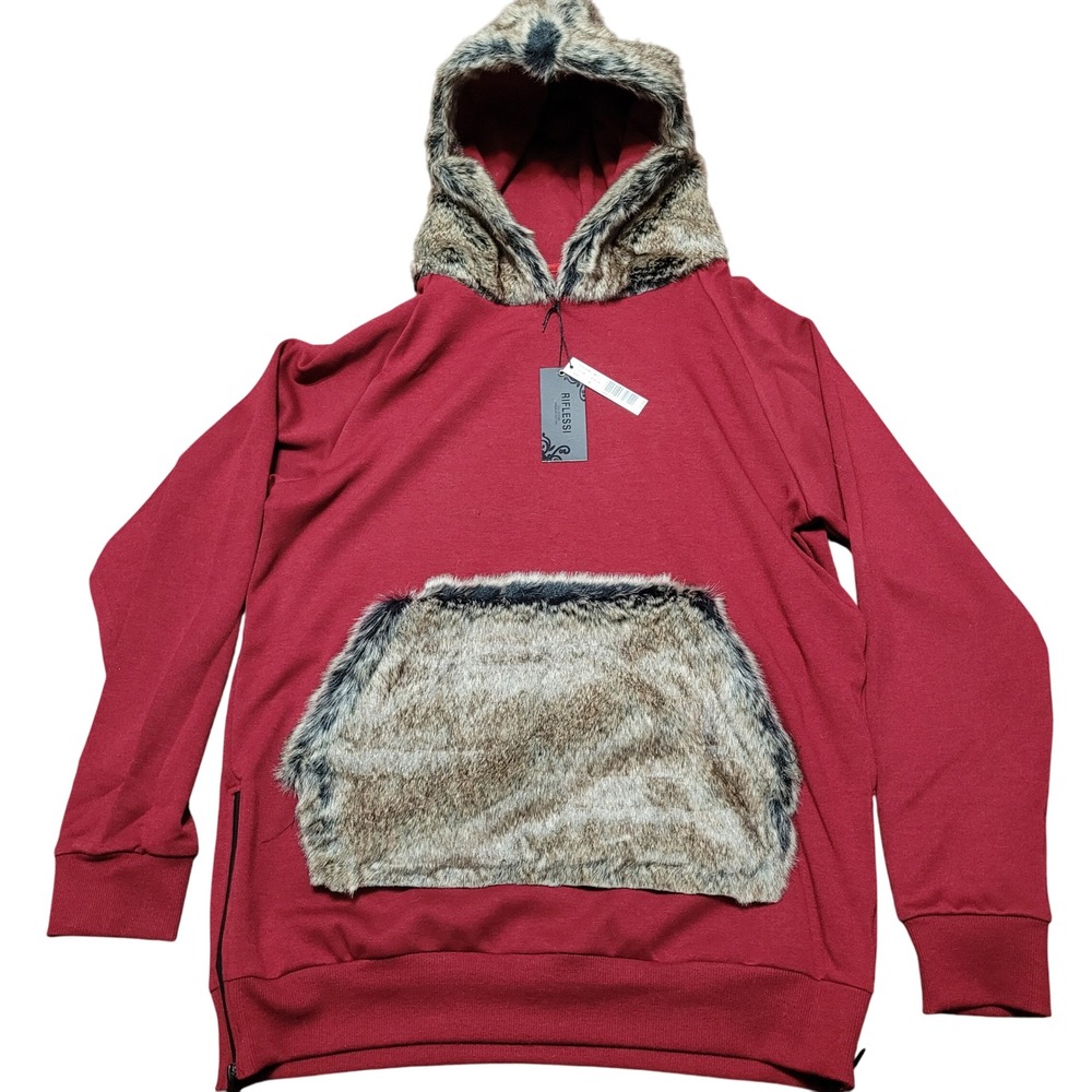 Riflessi Burgundy Hoodie Faux Fur Trim Hood & Pocket Zipper Sides NWT Men's M